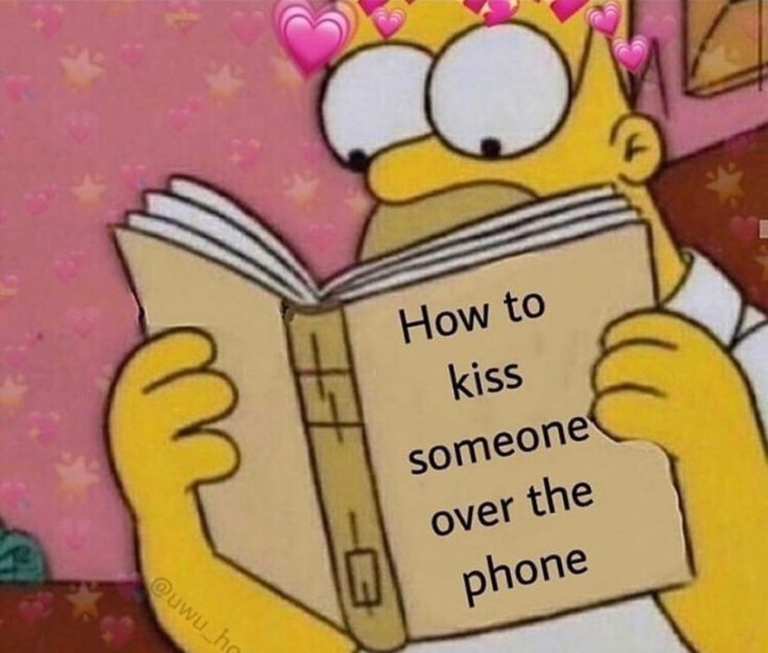 Heart-crowned Homer Simpson reading a book titled 'How to kiss someone over the phone'