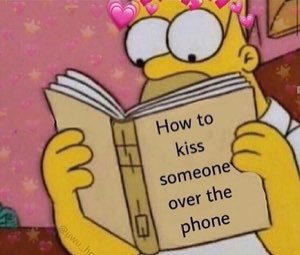 Heart-crowned Homer Simpson reading a book titled 'How to kiss someone over the phone'