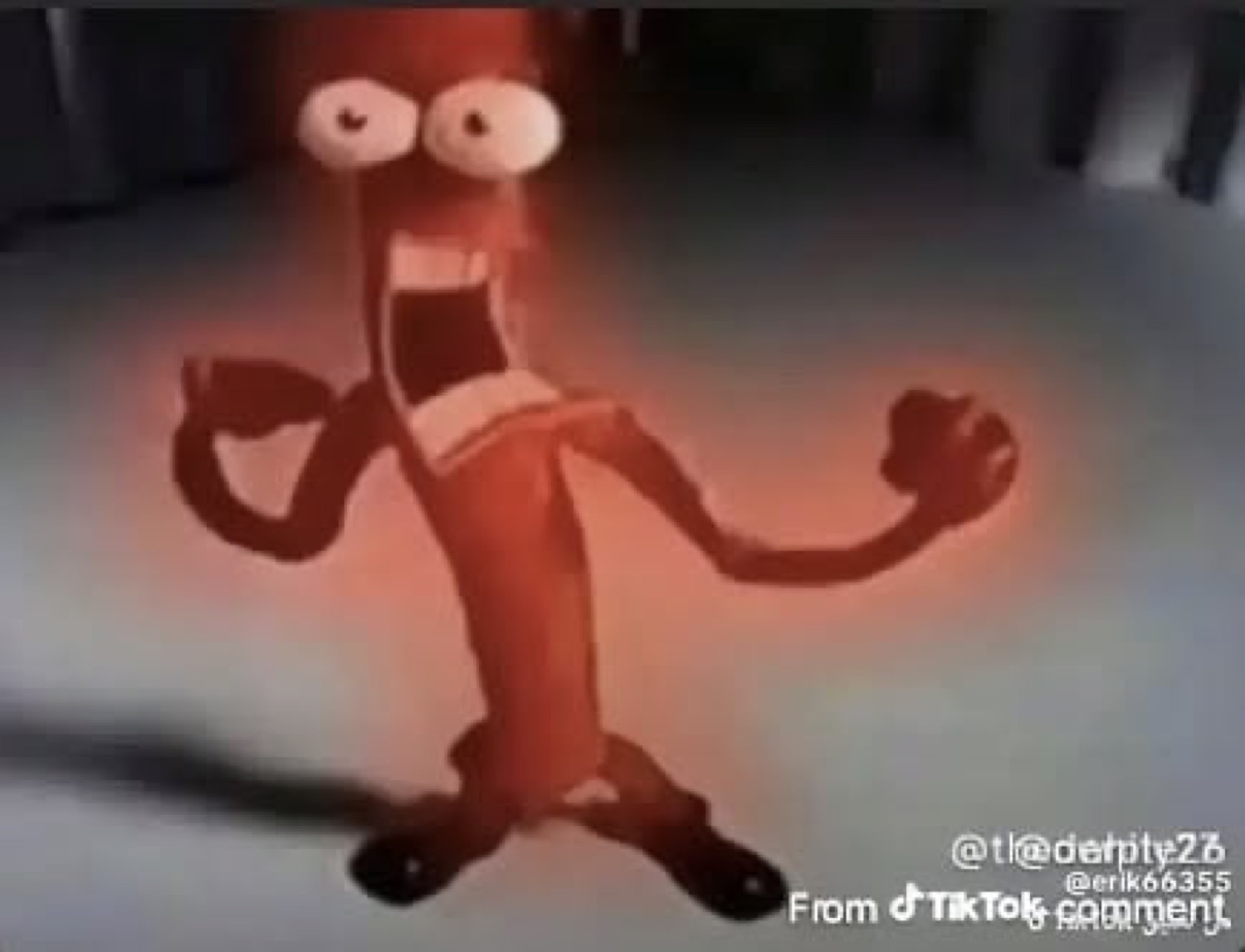 Animated red sausage character screaming and gesturing with glowing energy