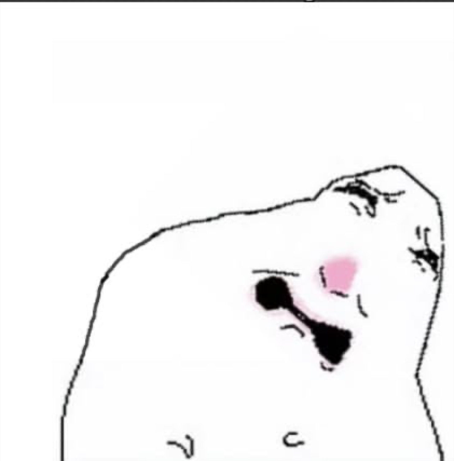 Wojak-style cartoon figure looking up with a blushing pink nose, eyes barely visible