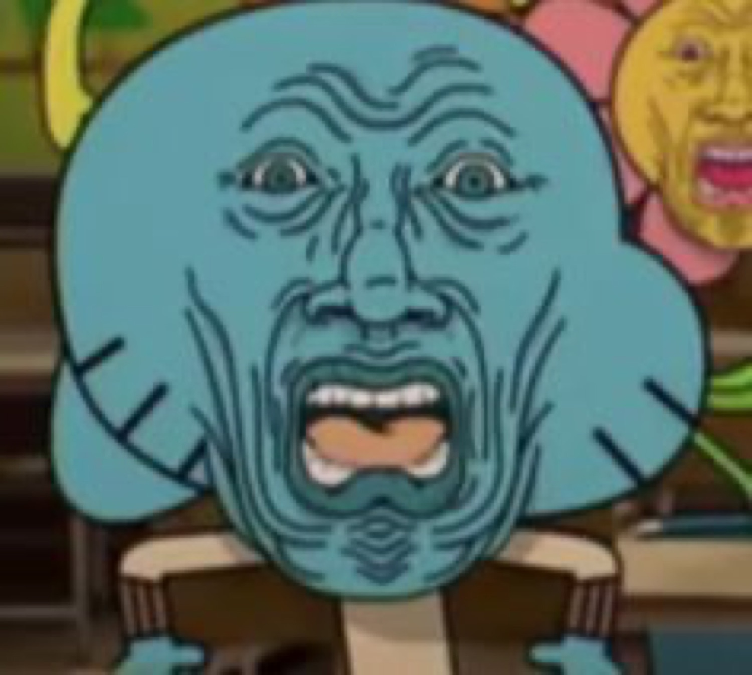 Wrinkled, distorted blue cartoon character screaming with a strained face