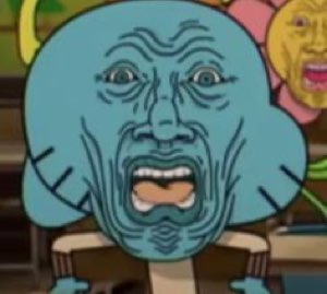 Wrinkled, distorted blue cartoon character screaming with a strained face