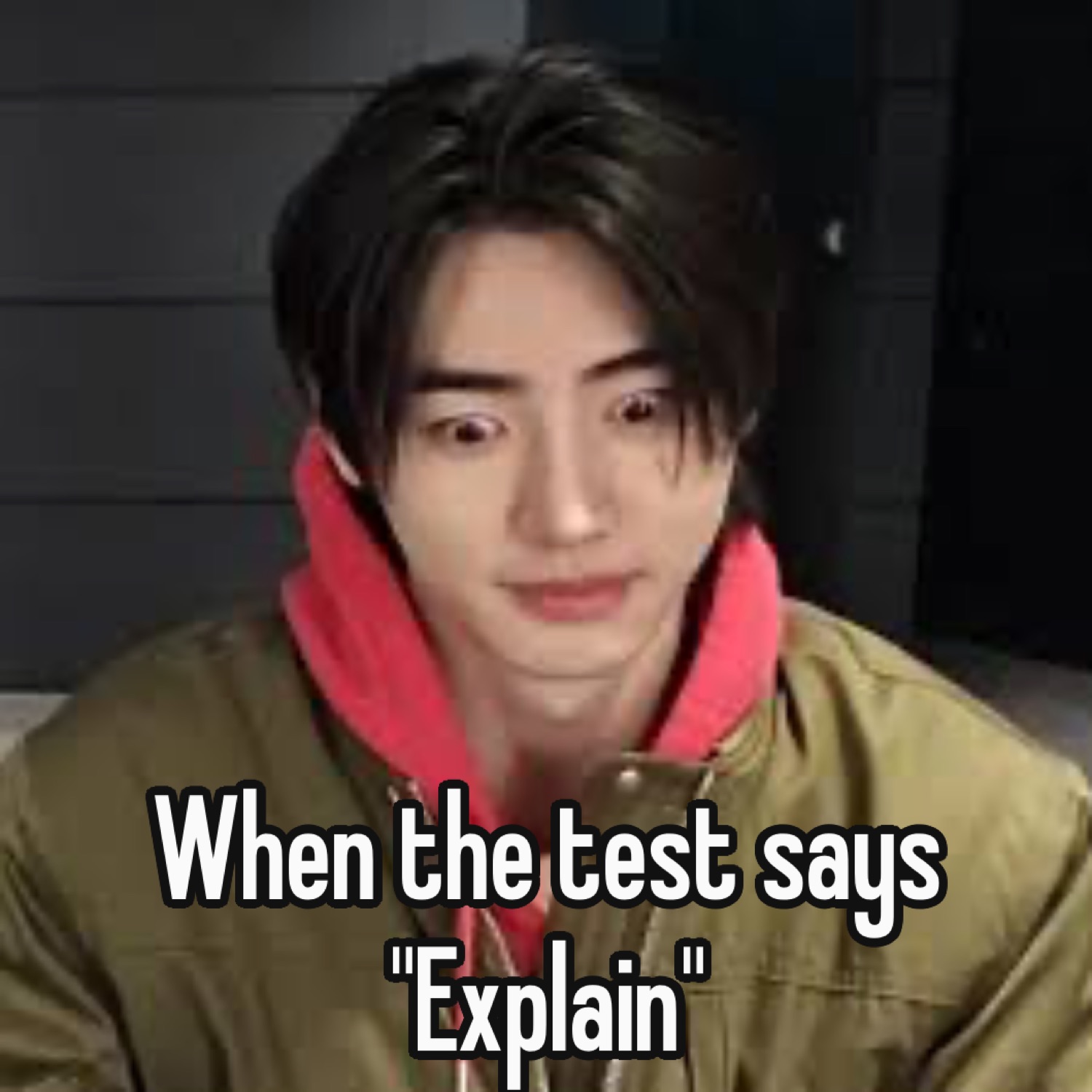 Young man with a flat, vacant stare captioned 'When the test says "Explain"'