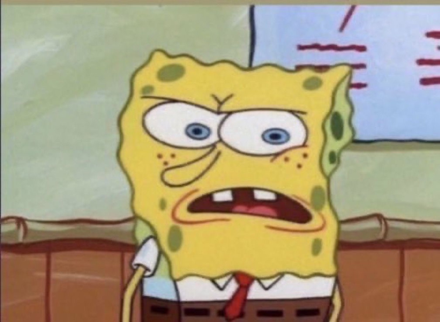 SpongeBob squinting with his mouth twisted in a confused, grossed-out face