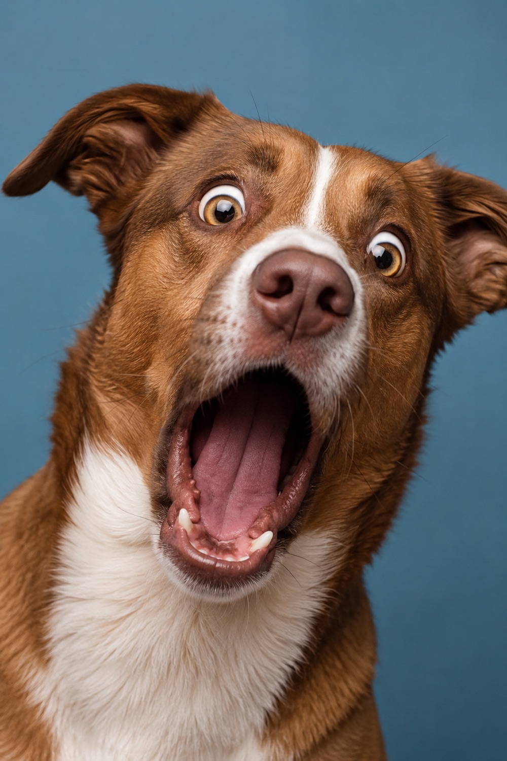 Brown and white dog with mouth wide open and wild eyes, absolutely beside itself