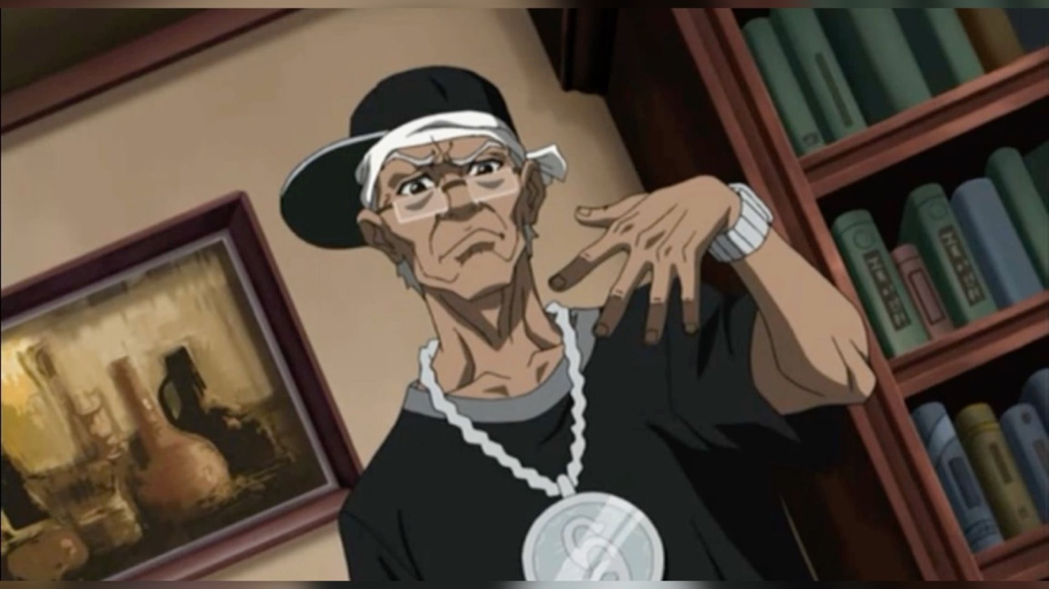 Granddad from The Boondocks in a backwards cap and big chain, throwing up a hand sign