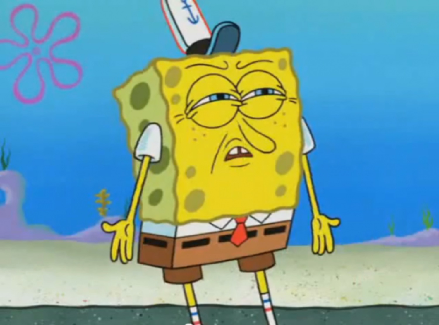 SpongeBob standing with his eyes half-shut and face scrunched in total disgust and exhaustion