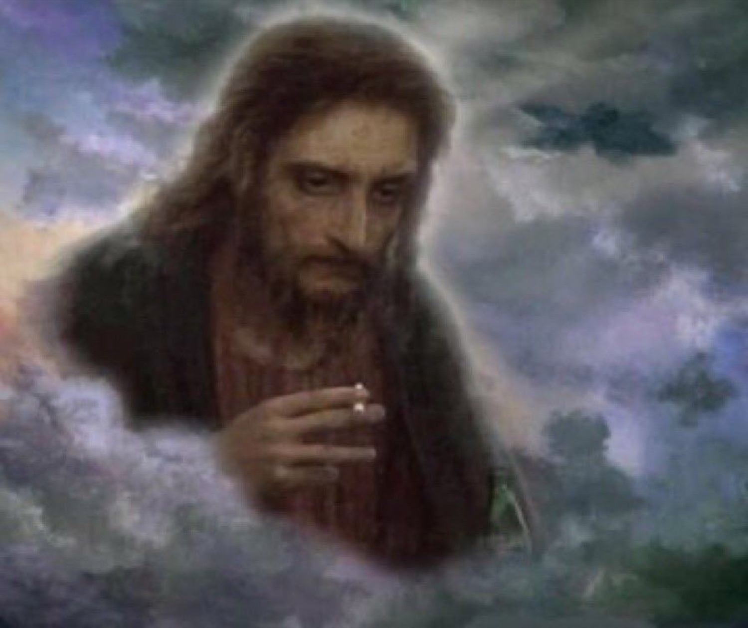 Jesus in the clouds holding a cigarette with a tired stare