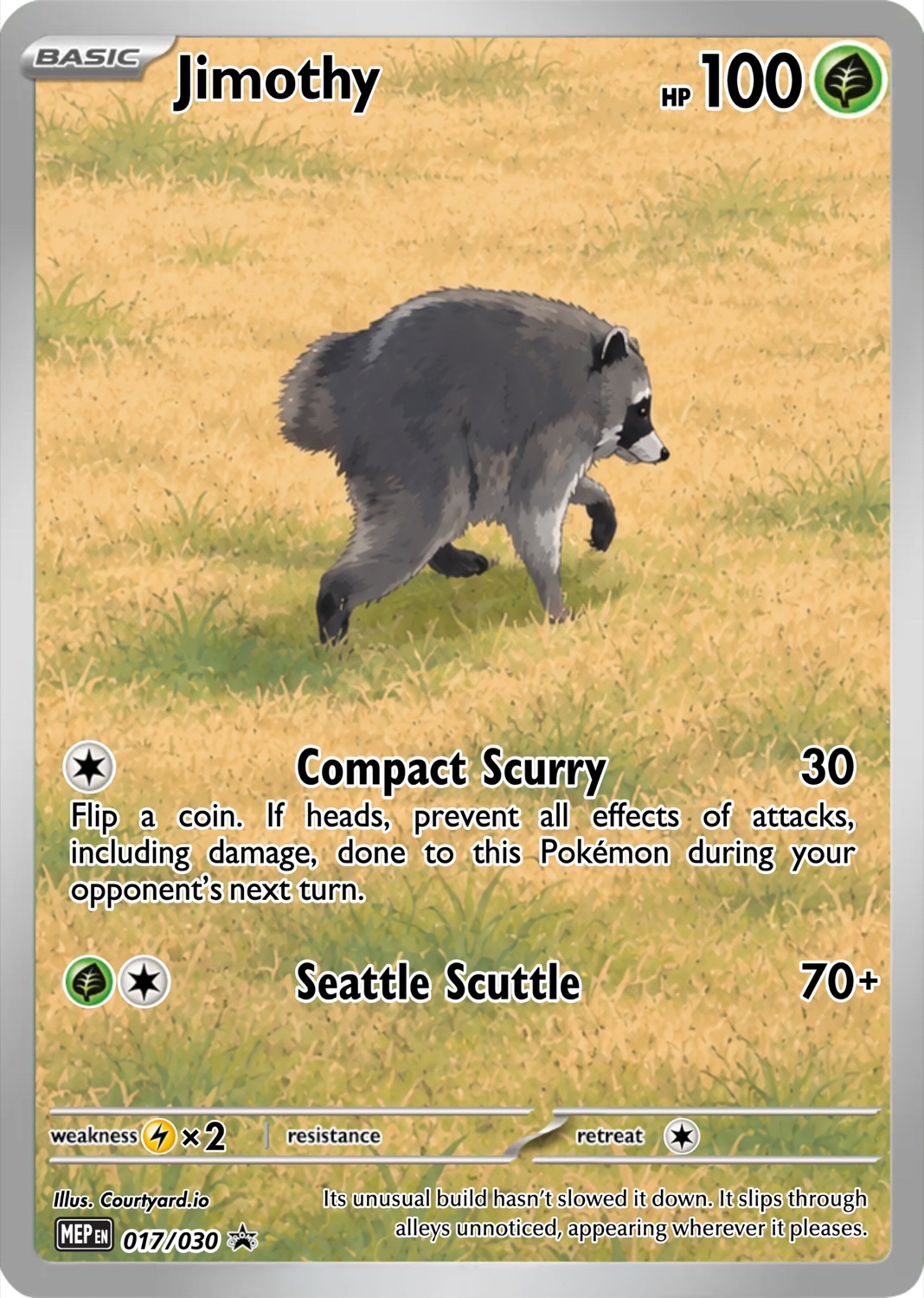 Jimothy the raccoon on a Pokémon card with 'Compact Scurry' and 'Seattle Scuttle' attacks