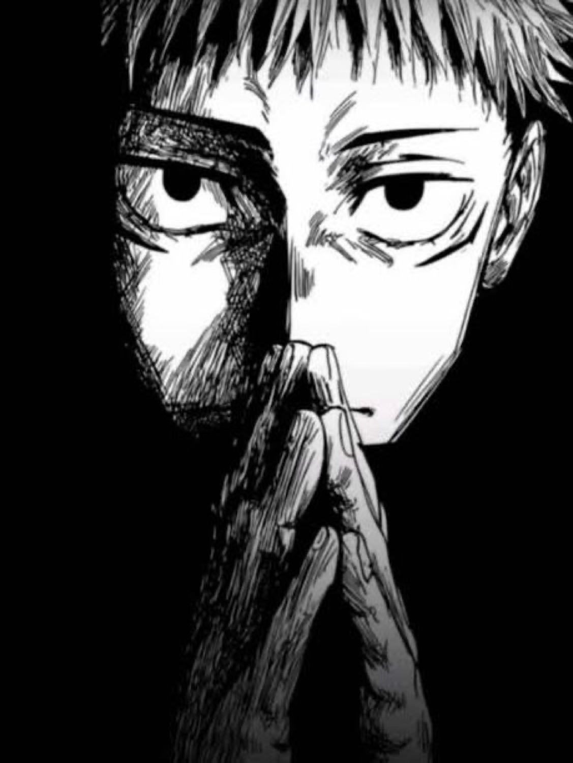 Black-and-white manga character resting hands against his face with a tired, intense stare