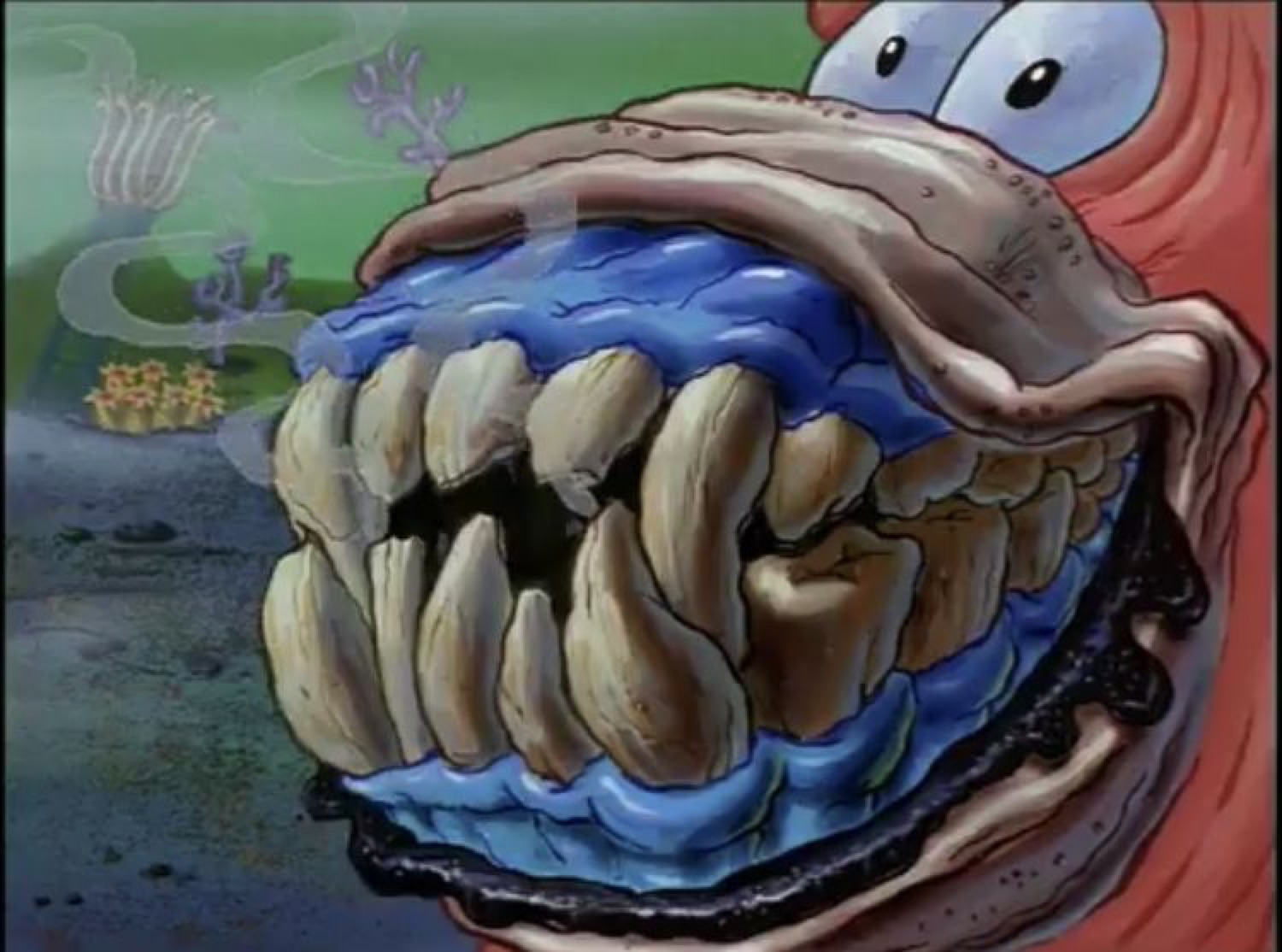 Close-up of a grotesque cartoon mouth of rotten teeth
