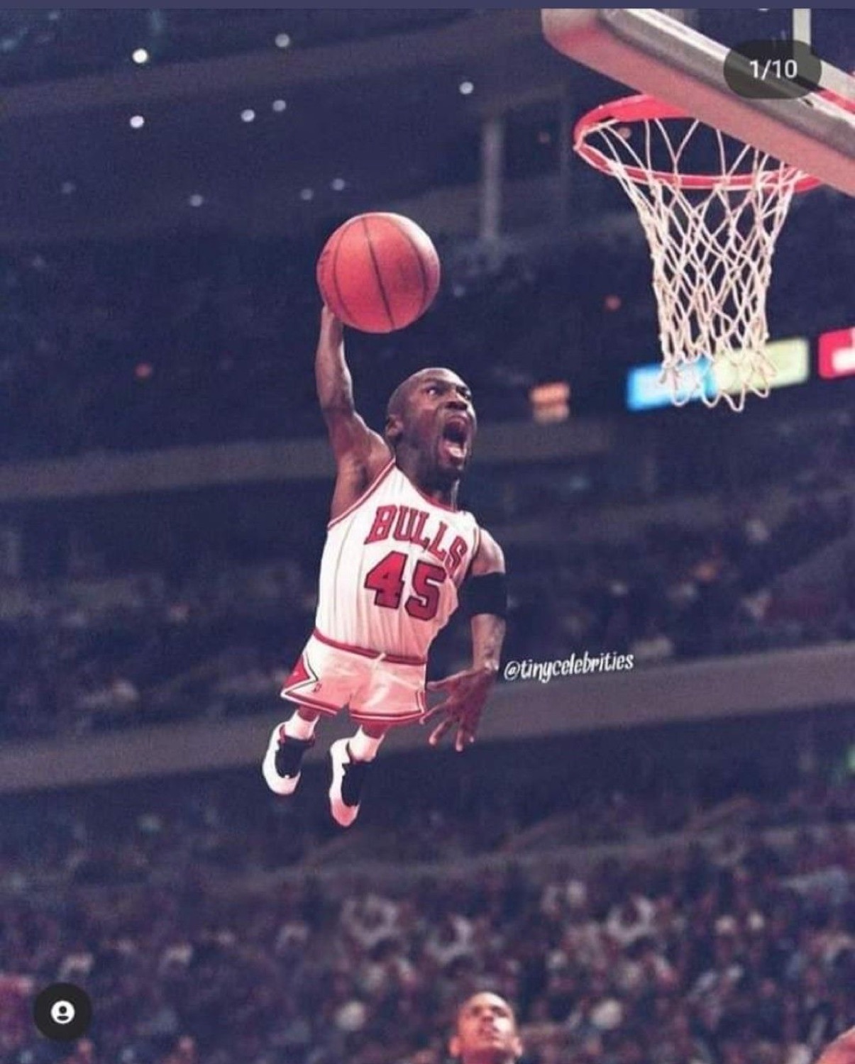 Michael Jordan mid-dunk in his Bulls #45 jersey