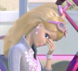 Animated Barbie wiping away a tear with a heartbroken downcast expression
