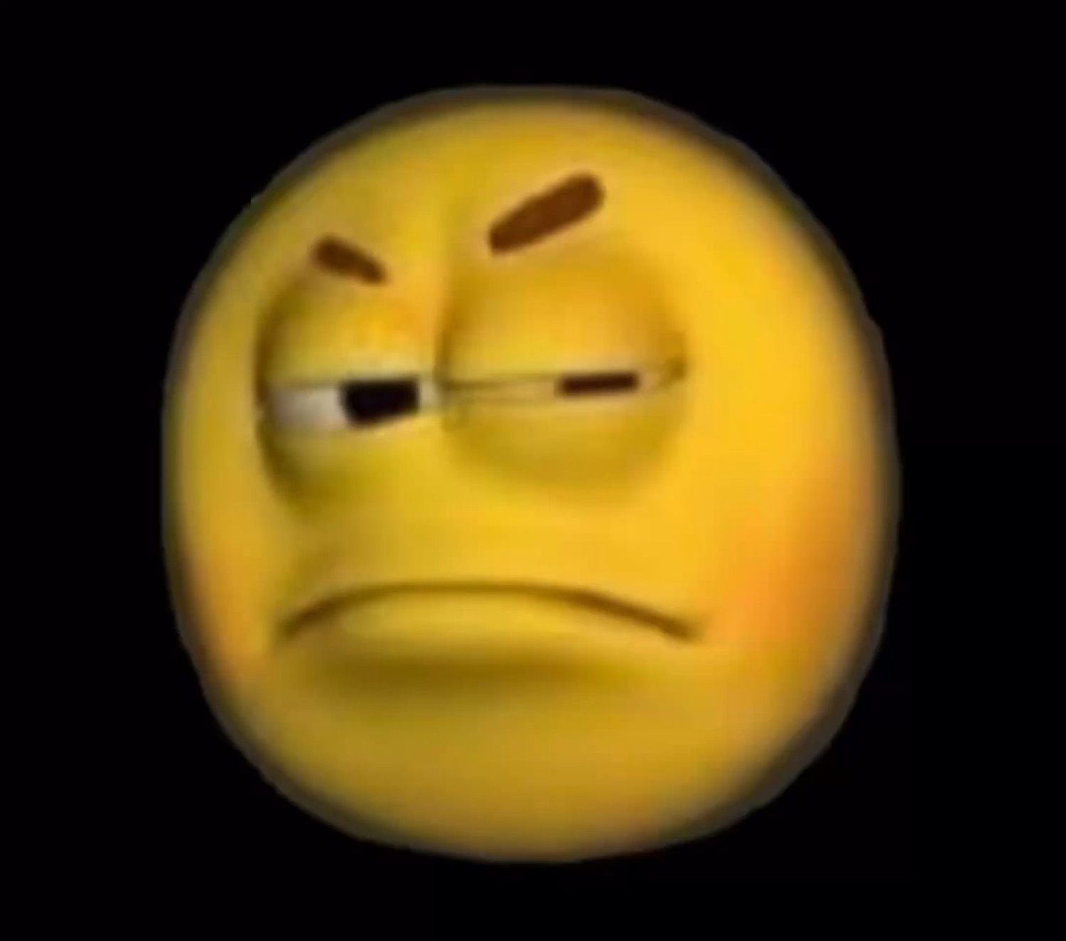 3D yellow emoji ball with one raised brow and a permanent scowl, done with everything