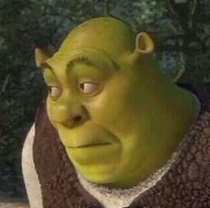 Shrek tilting his head with a sly, smug grin in warm firelight