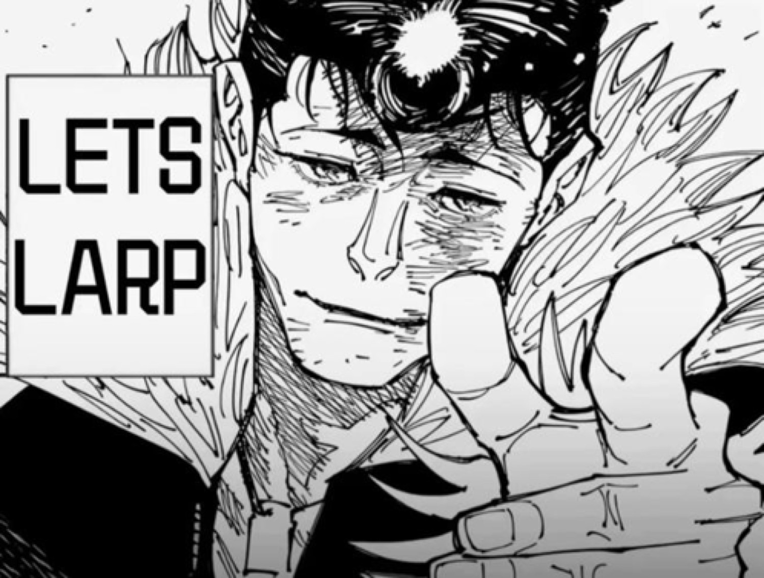Manga character with a sly grin next to a sign: 'LETS LARP'