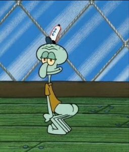 Squidward doing a little twerk in his house