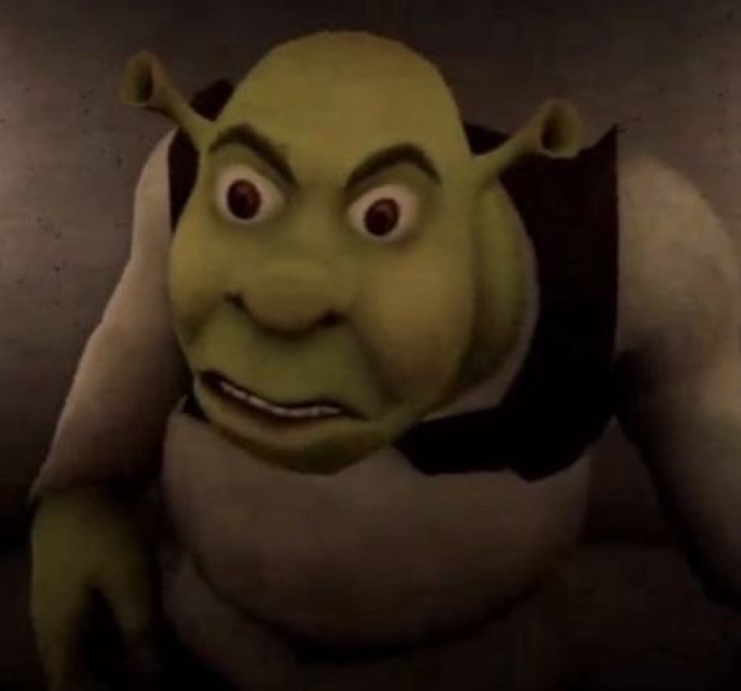 Shrek staring straight ahead with wide, unsettled eyes and a slightly open mouth