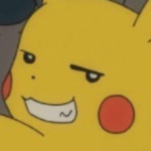 Pikachu with a devious half-lidded smirk, clearly up to something