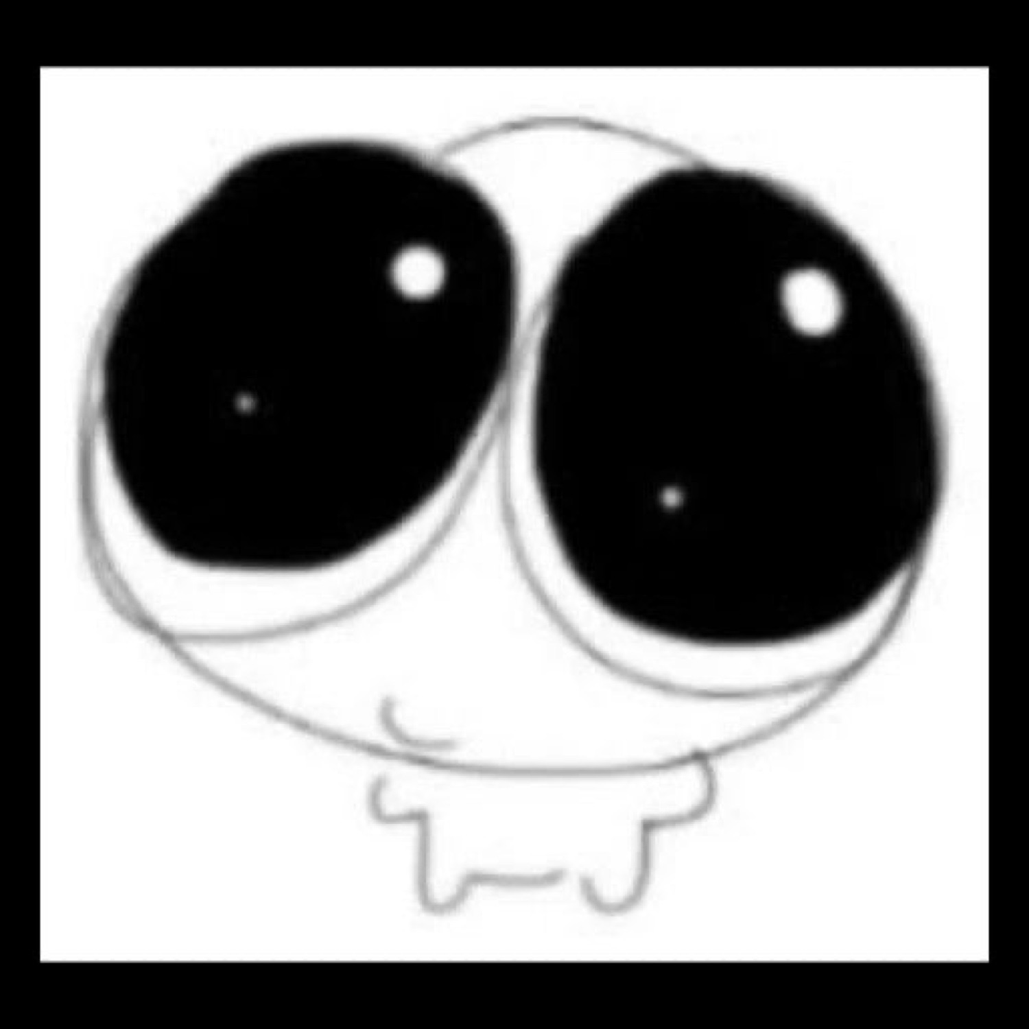 Doodle creature with huge black eyes and a tiny smile