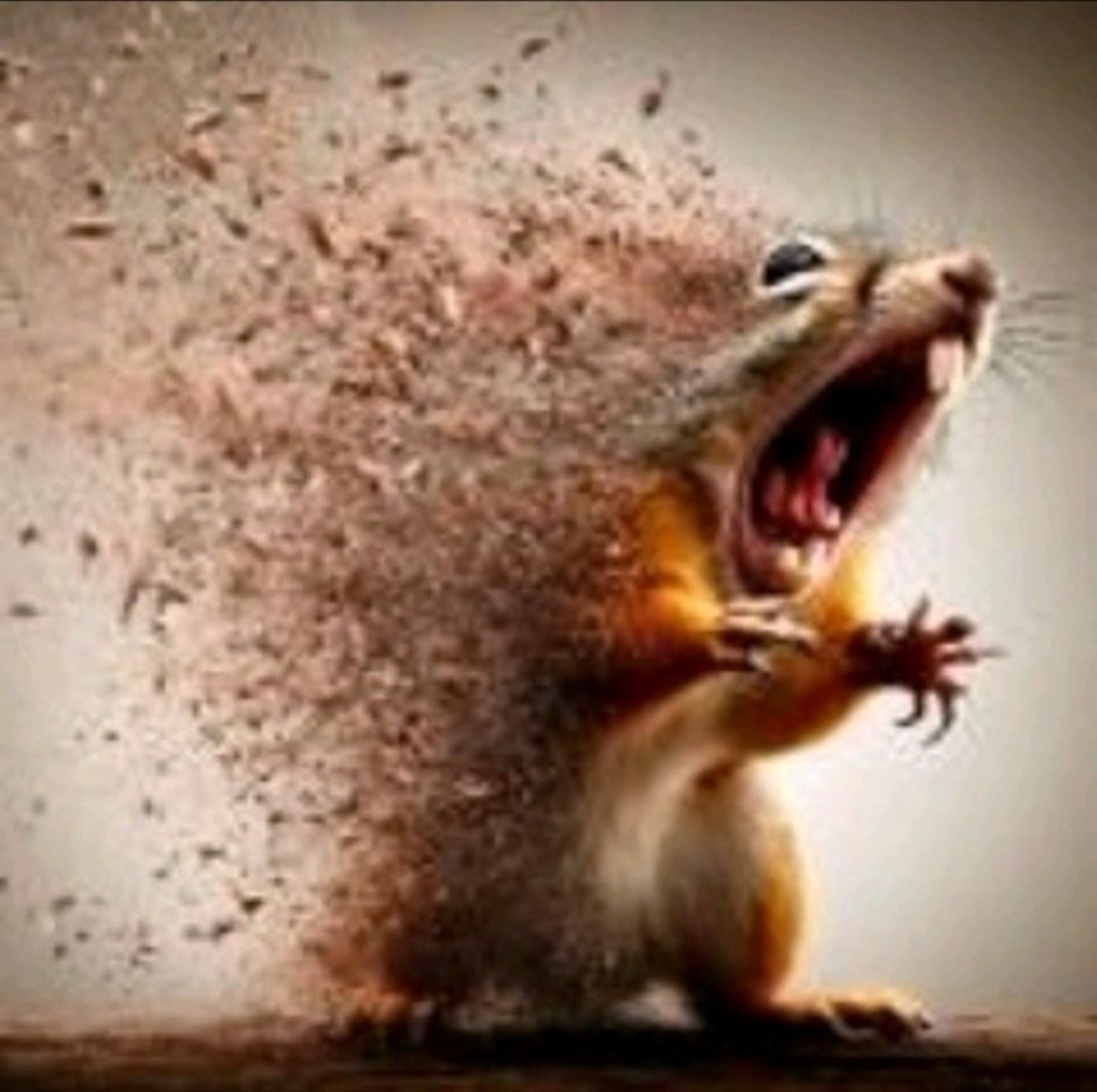Squirrel screaming with its mouth wide open as it disintegrates into dust