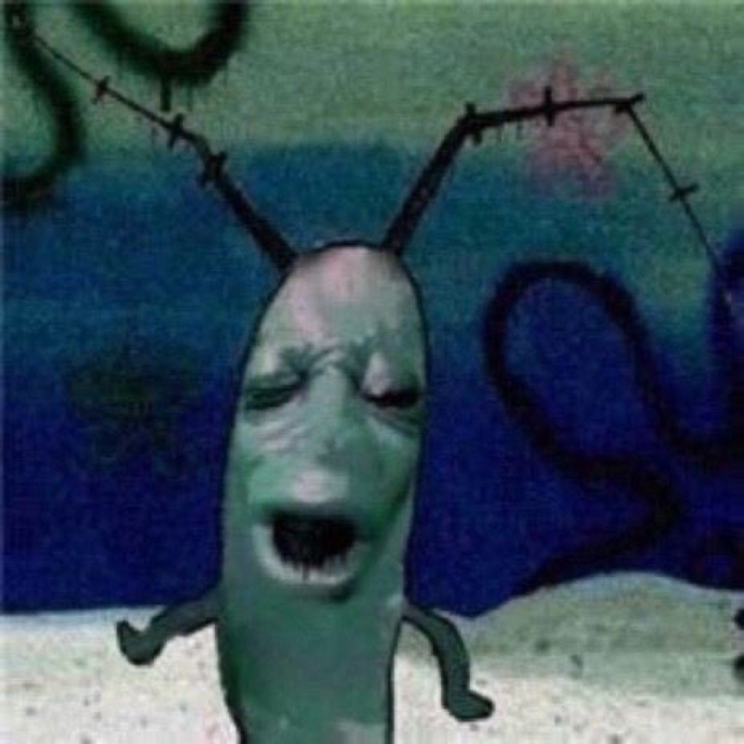 Realistic Plankton from SpongeBob screaming in existential despair on the ocean floor