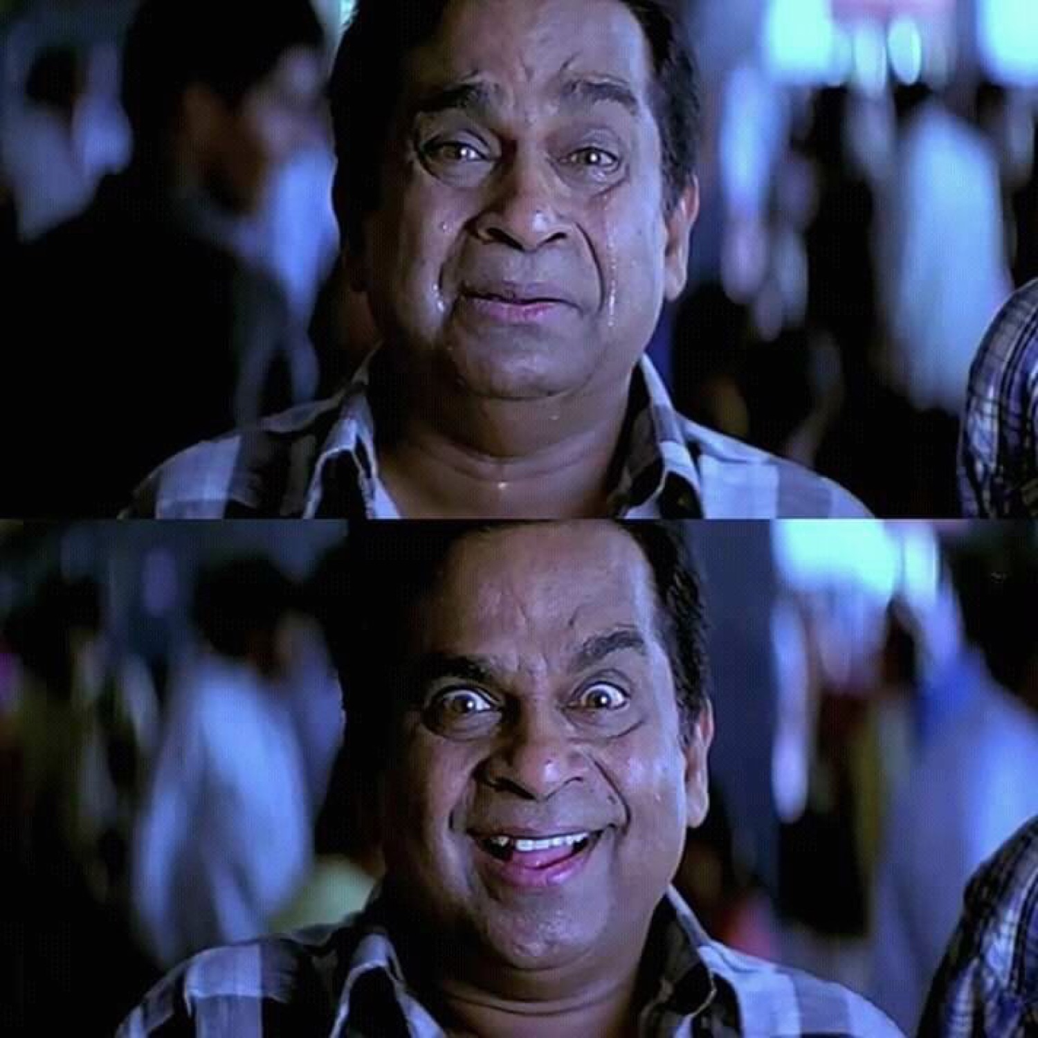 Brahmanandam two panels going from teary-eyed to a huge manic grin