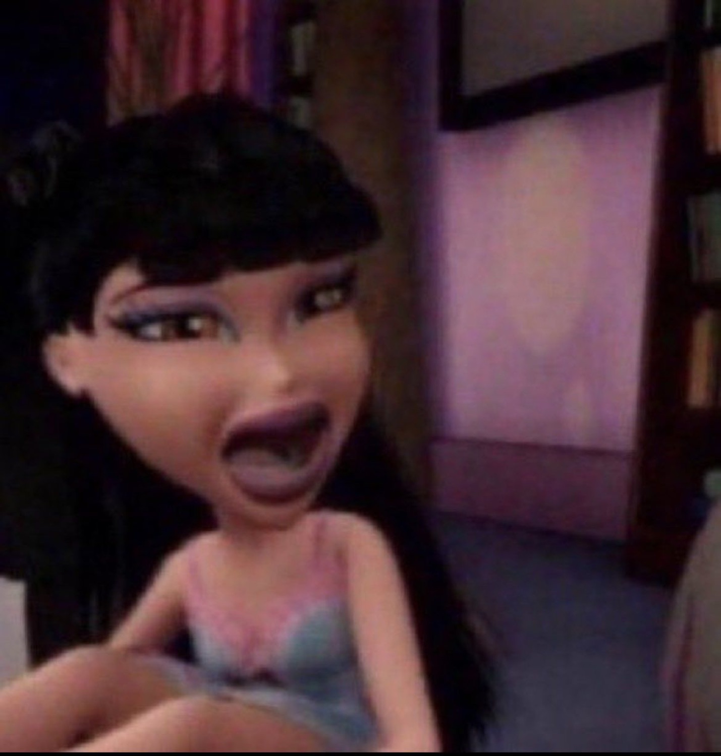 Bratz doll character with mouth gaping wide open in a dramatic scream