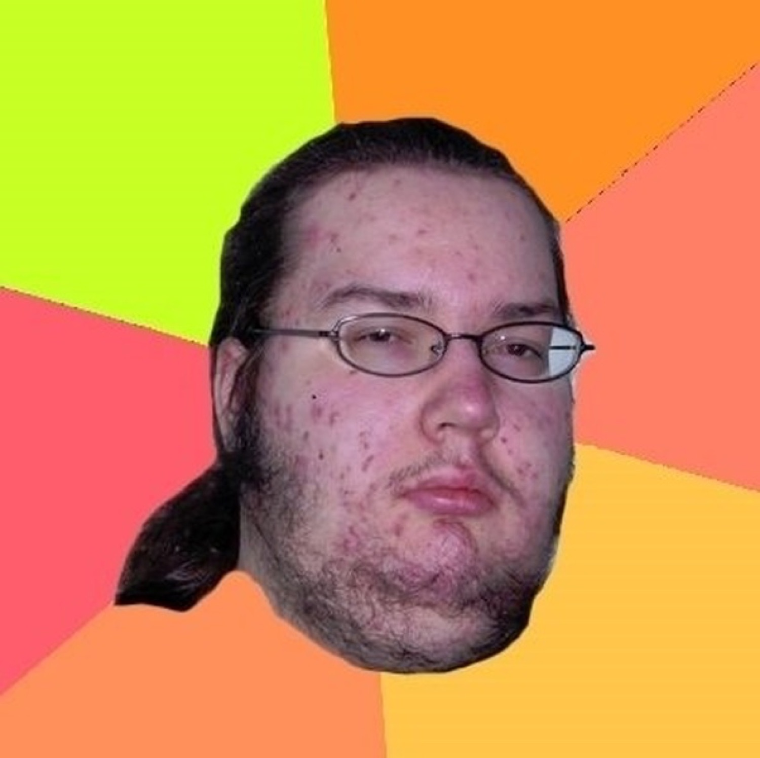 The 'butthurt' advice-animal guy floating on a rainbow background with a smug pout