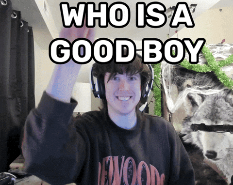 Streamer in headphones pointing at the camera, "Who is a good boy"