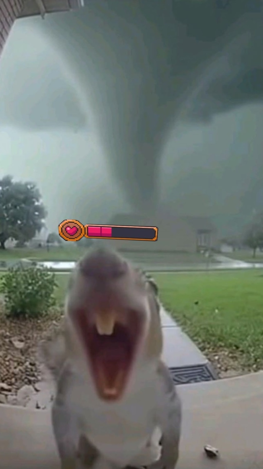 Opossum screaming into a doorbell camera with a tornado behind it and a tiny health bar