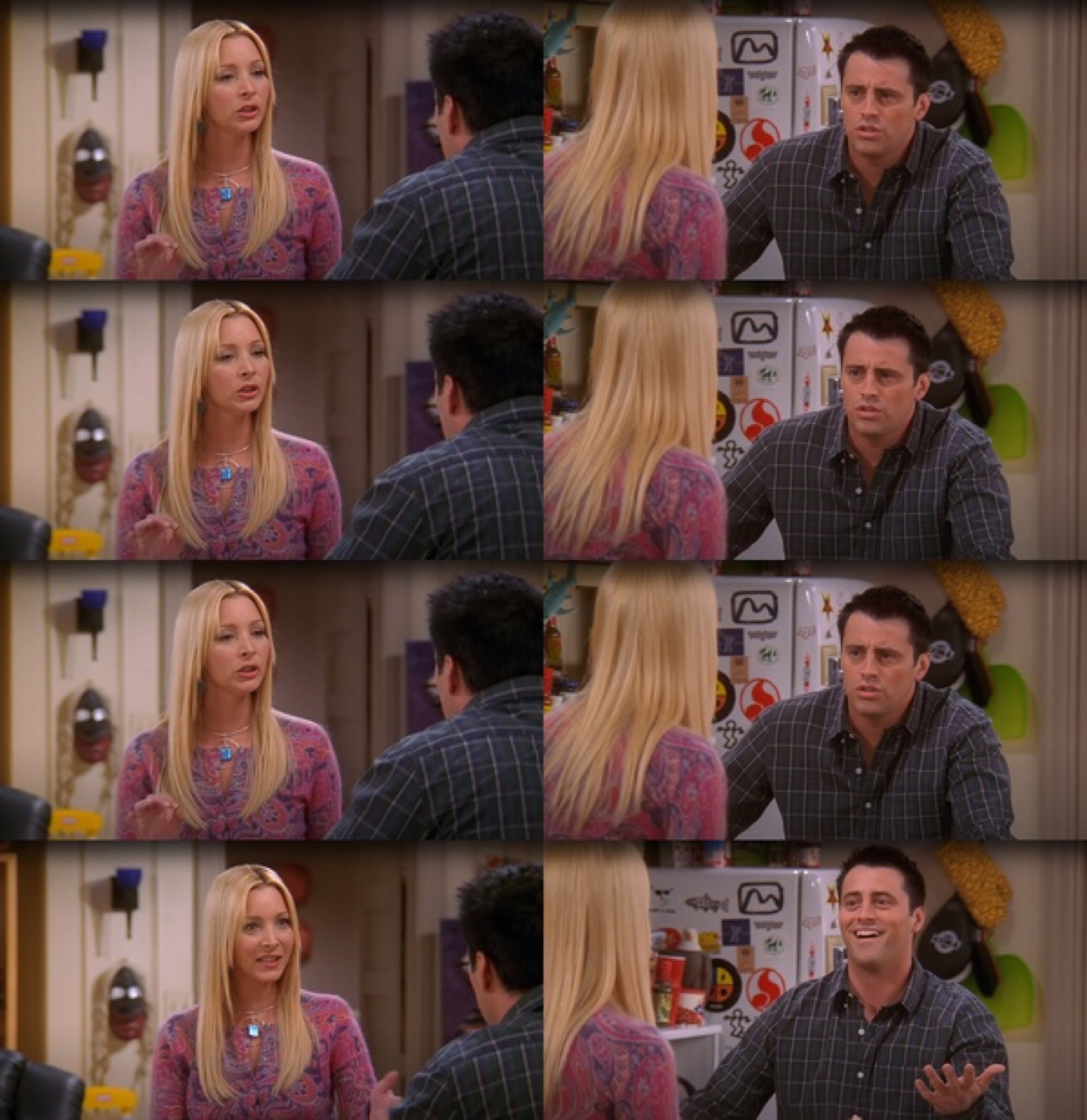 Four-panel sitcom scene of a blond woman and a man having an increasingly baffled back-and-forth