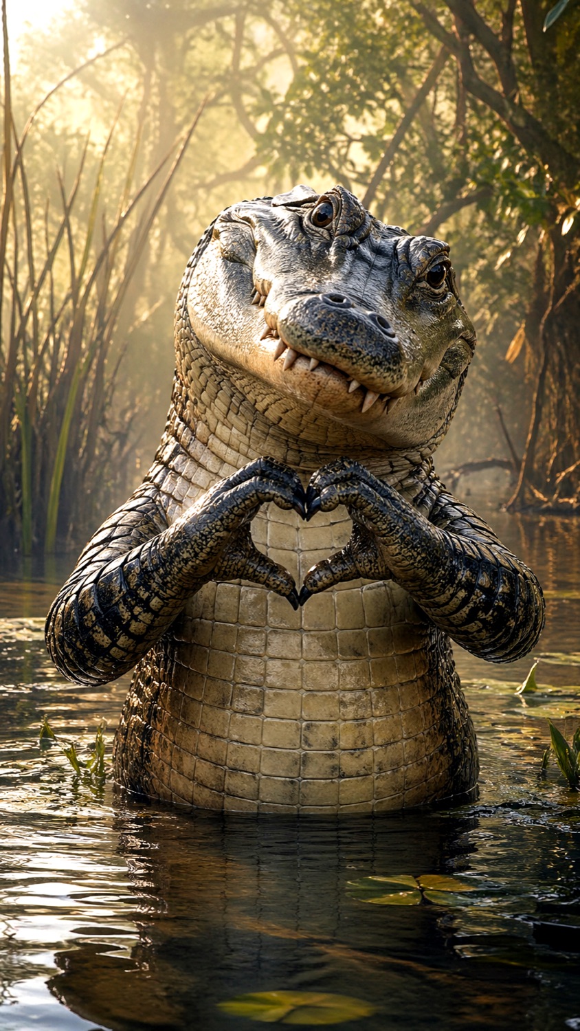 Alligator in a swamp making a heart shape with its hands