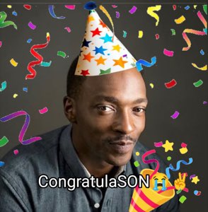 Anthony Mackie in a party hat with confetti: 'CongratulaSON'