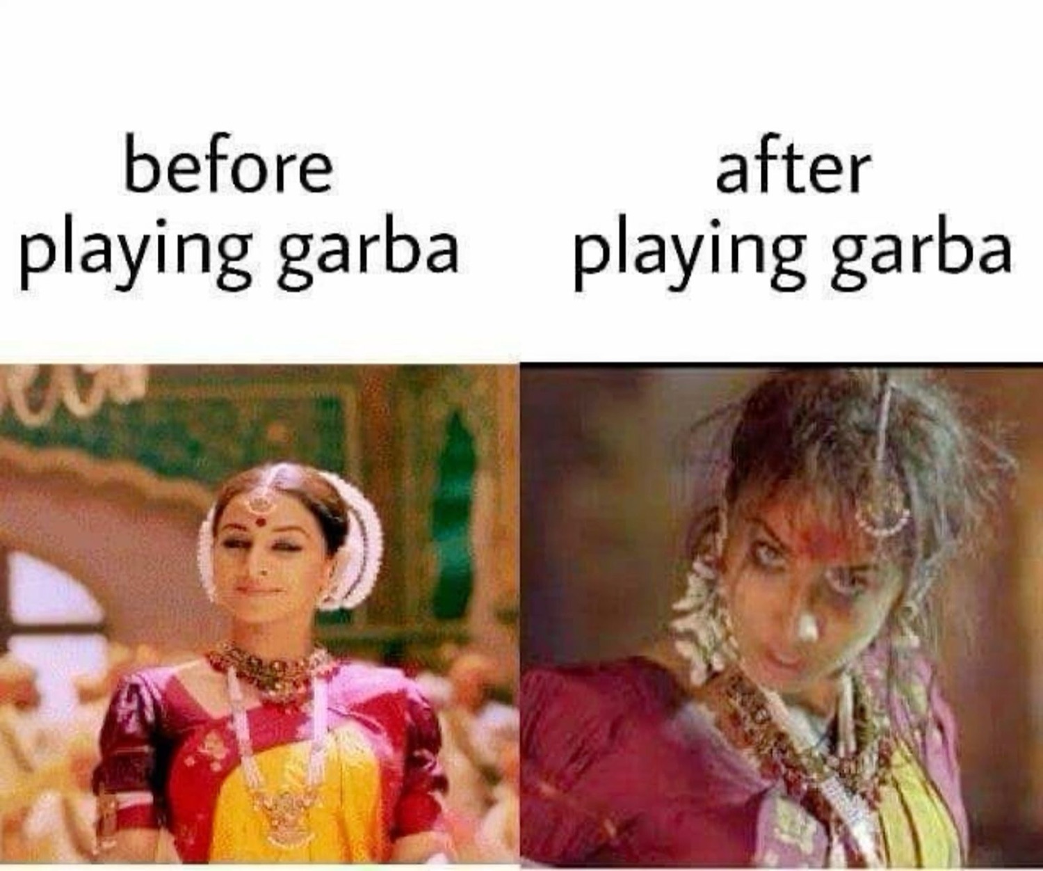 Bollywood stills: 'before playing garba' graceful, 'after playing garba' wrecked and messy