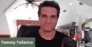 Tommy Tallarico on a video call doing a big surprised double take
