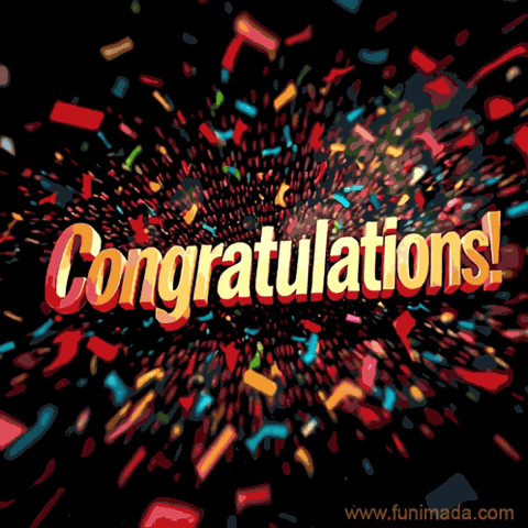 "Congratulations!" in gold letters bursting with confetti