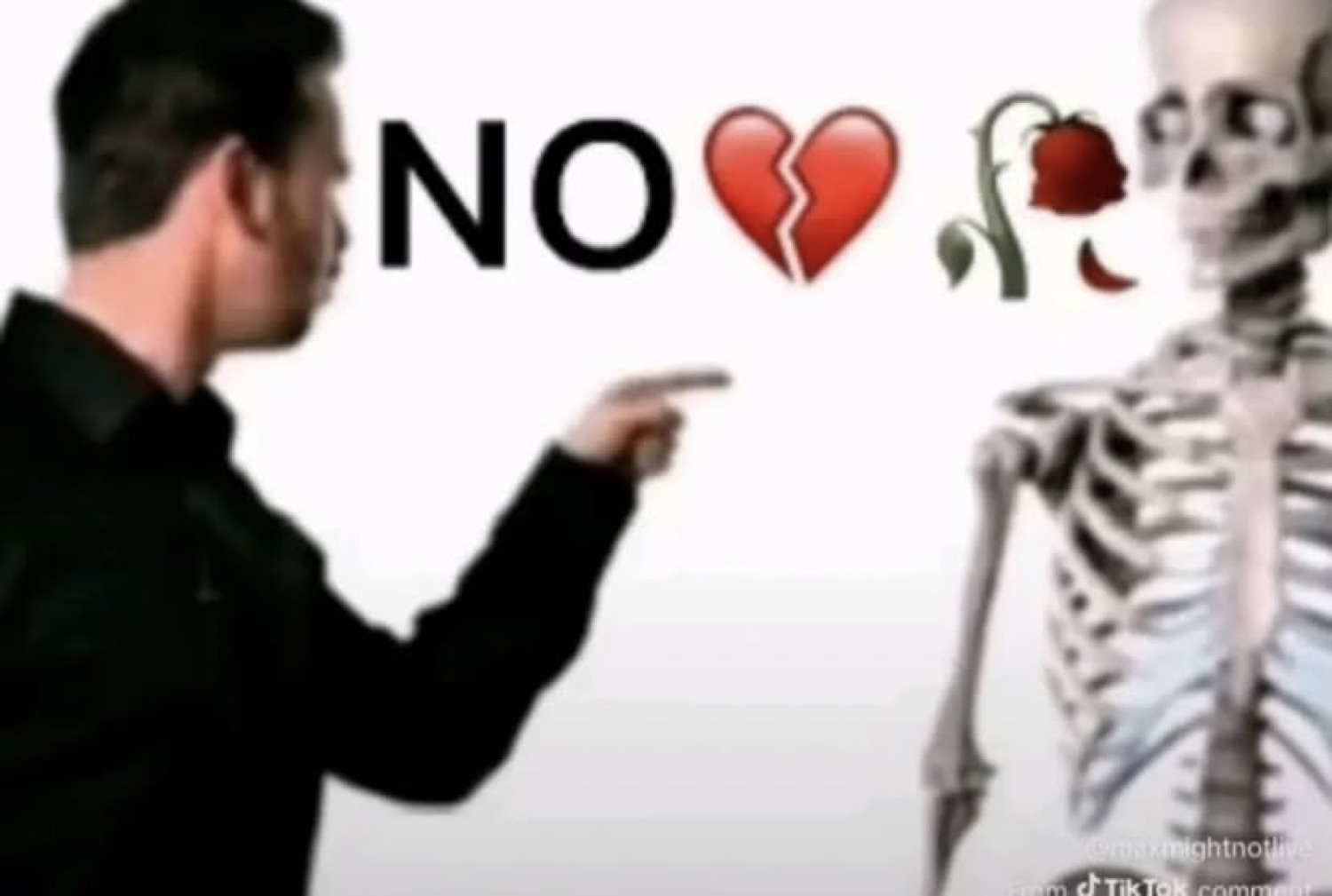 Man pointing at a skeleton holding a wilted rose with 'NO ๐๐ฅ'