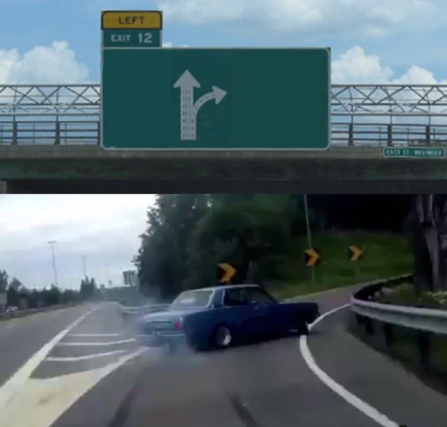 Car veering hard onto the exit ramp at Left Exit 12, the classic meme template