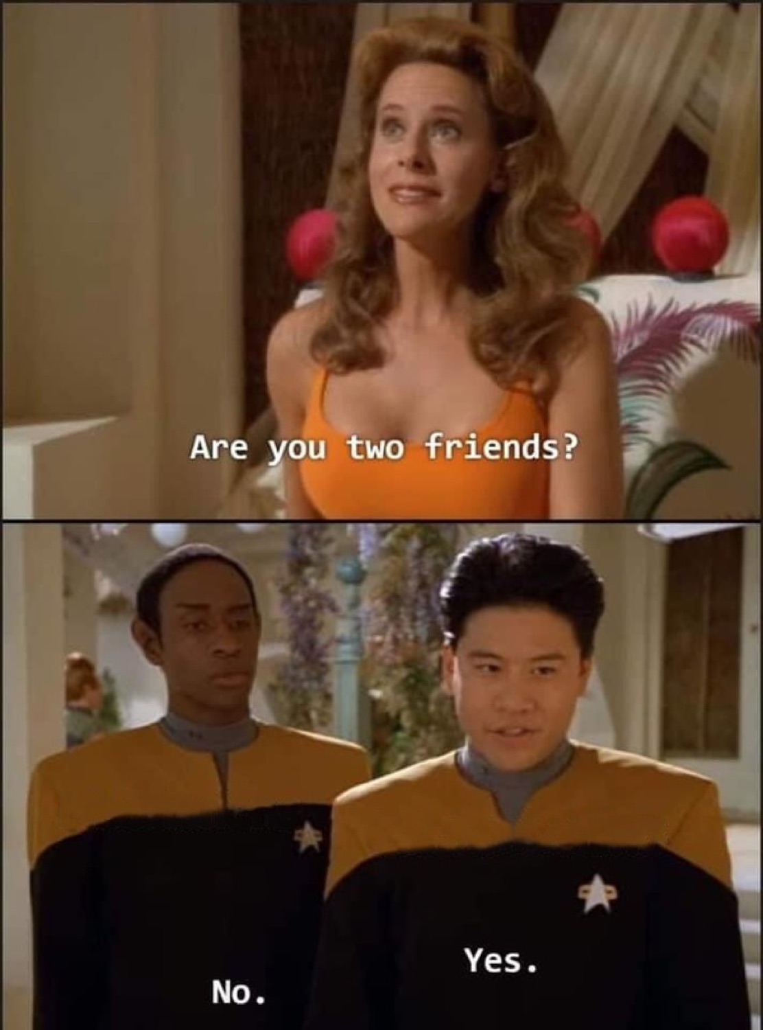 Star Trek two-panel: woman asks 'Are you two friends?' and the pair answer 'No.' and 'Yes.'