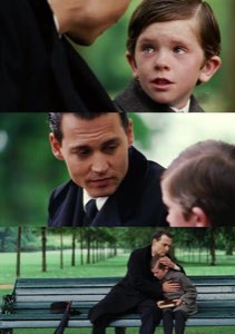 Three-panel collage of a boy's wide-eyed look, a man's gentle gaze, and a comforting embrace on a park bench
