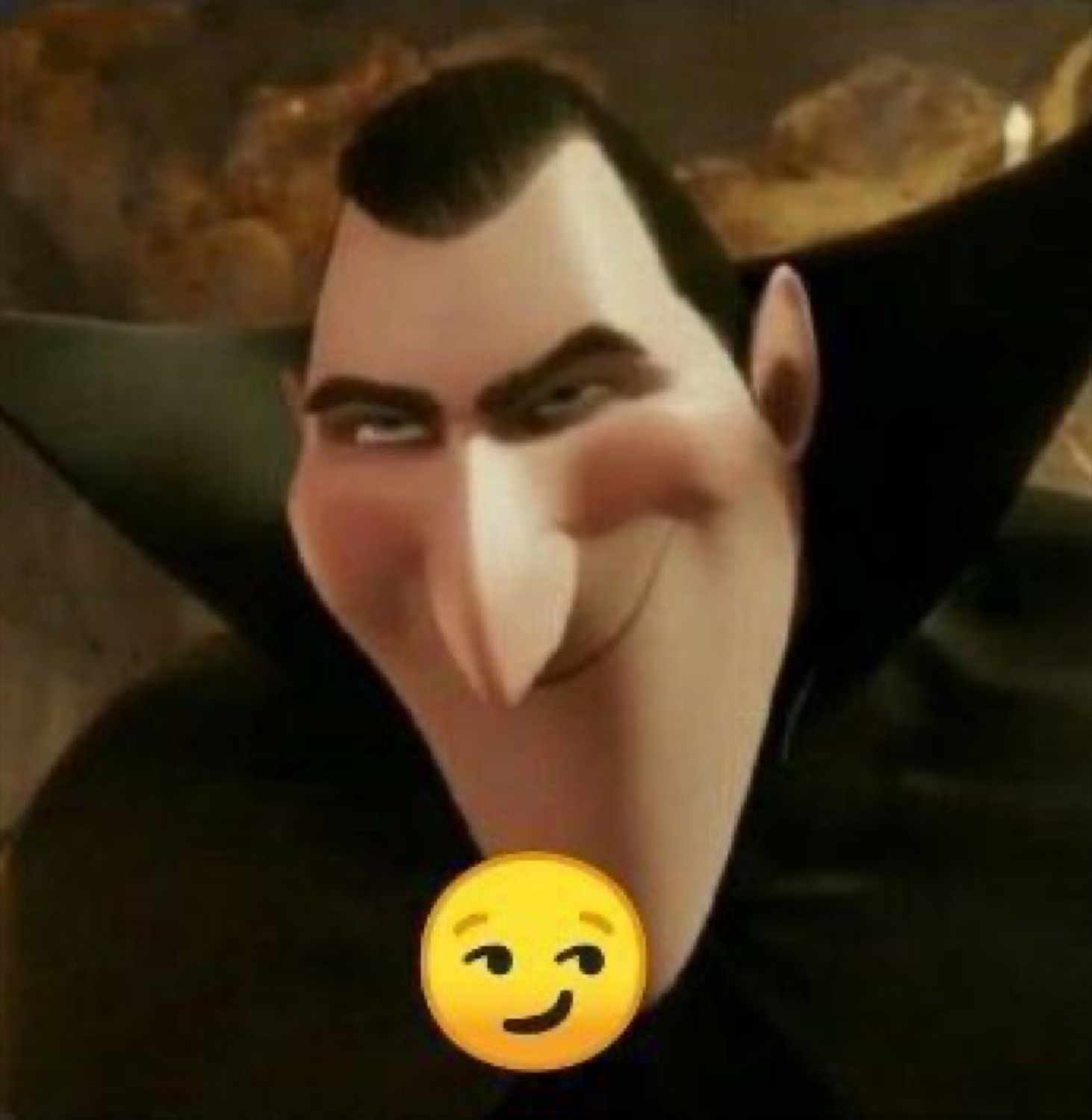 Hotel Transylvania Dracula with a smirking emoji at his chin