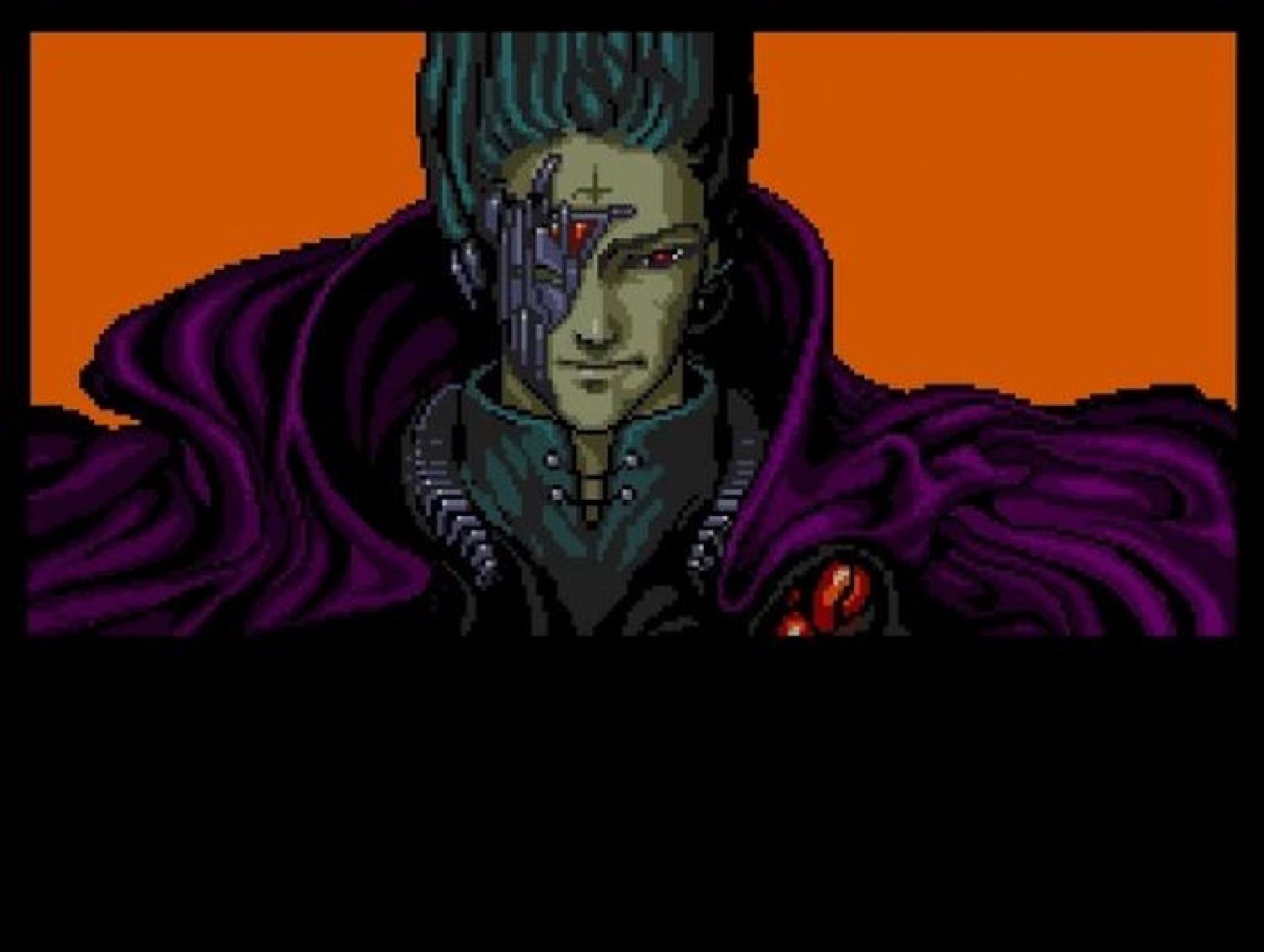 A pixel-art cyborg villain with a purple cape giving a sly, confident smirk
