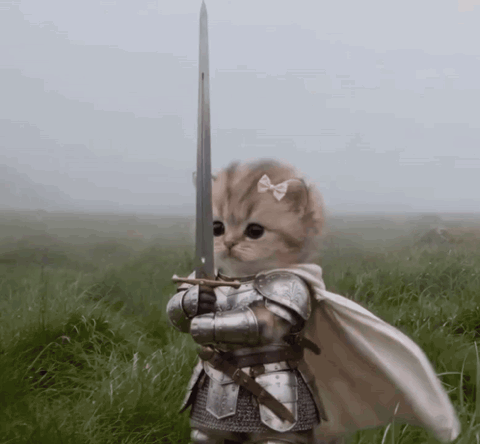 Kitten in knight armor with a cape blowing, holding a sword