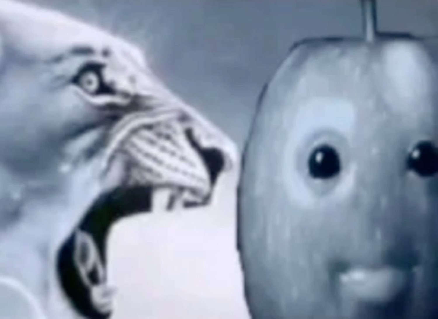 Roaring lioness face to face with a calm smiling cartoon apple