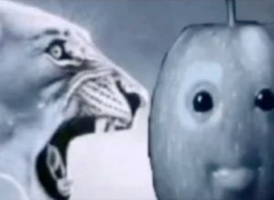Roaring lioness face to face with a calm smiling cartoon apple
