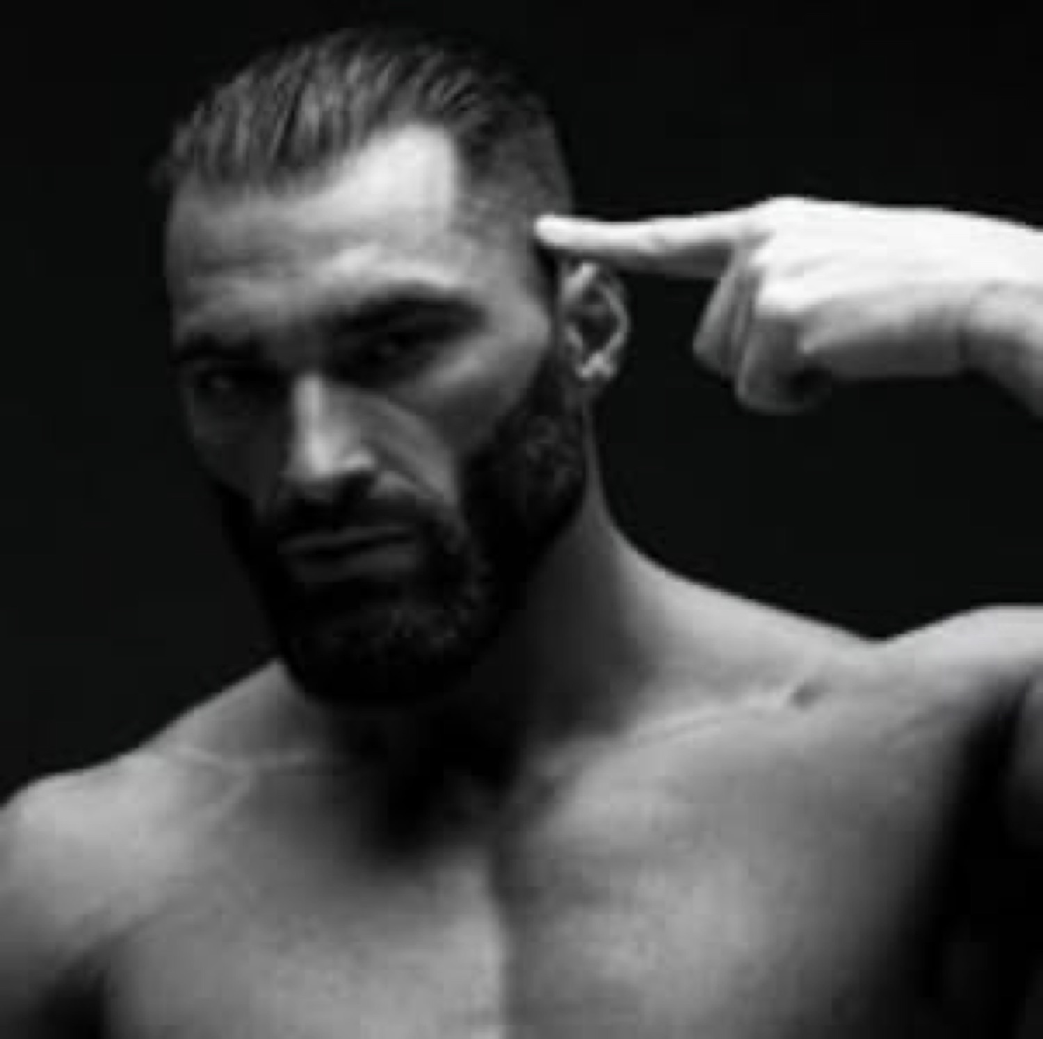 Shirtless Gigachad tapping his temple in black and white