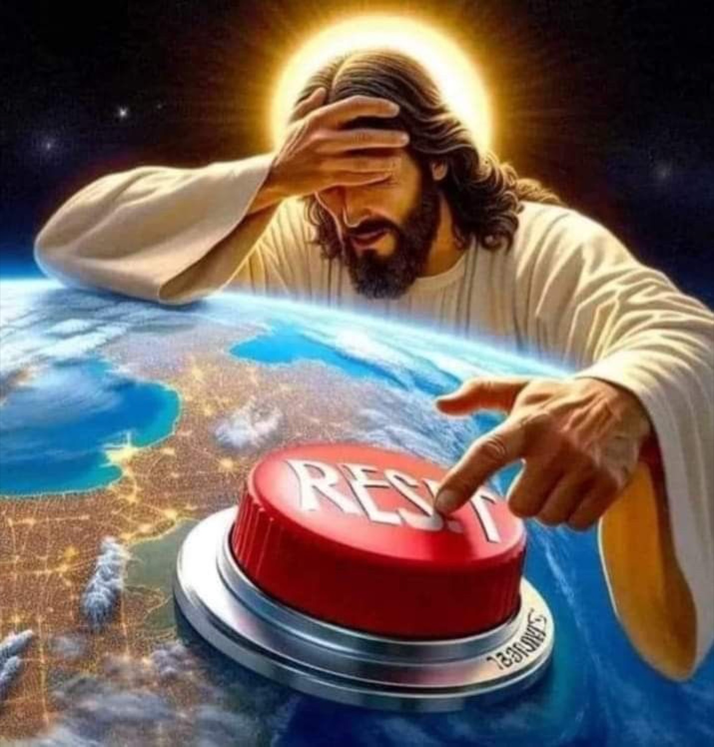 Jesus facepalming while pressing a big RESET button on Earth