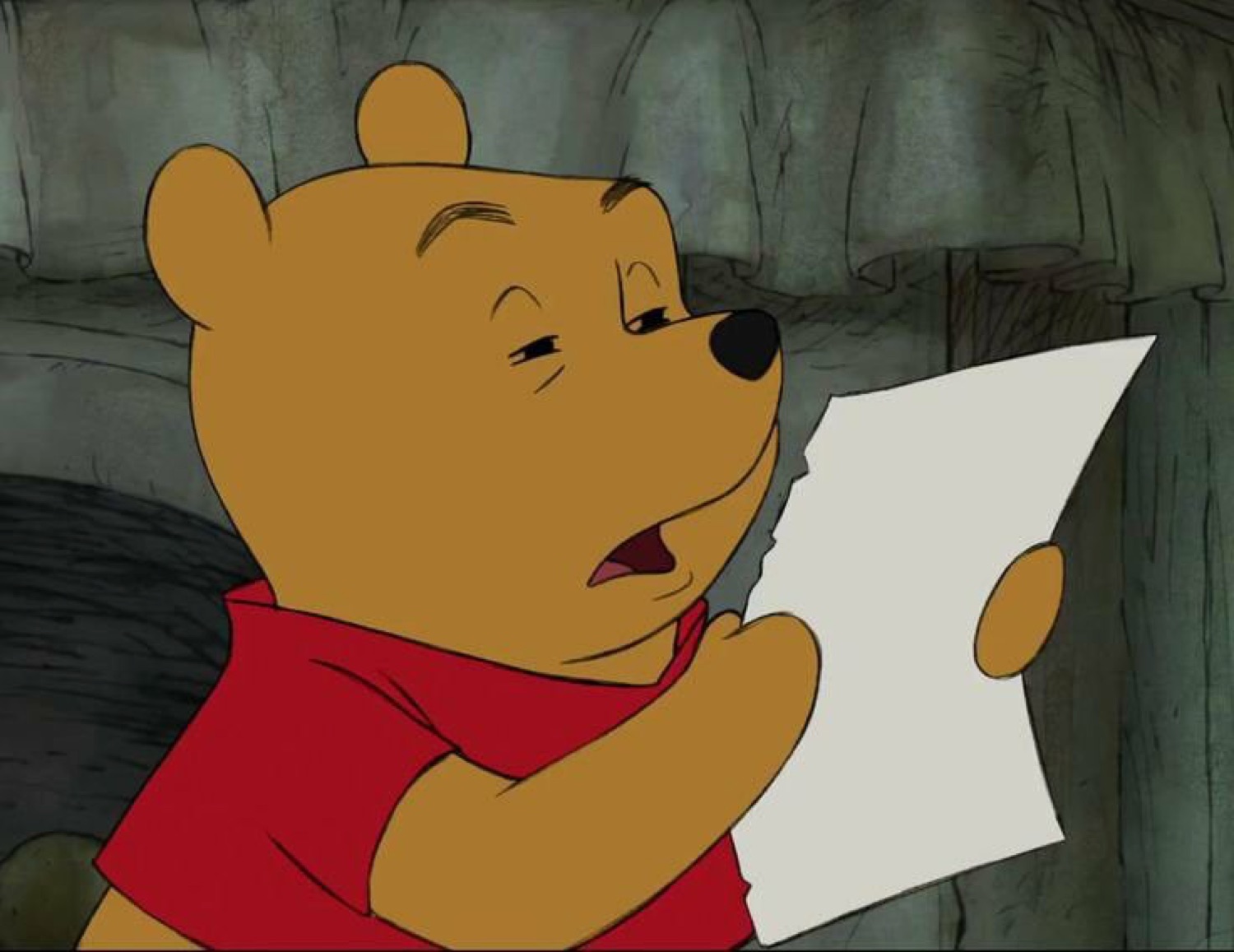 Winnie the Pooh squinting at a piece of paper, trying to make sense of it