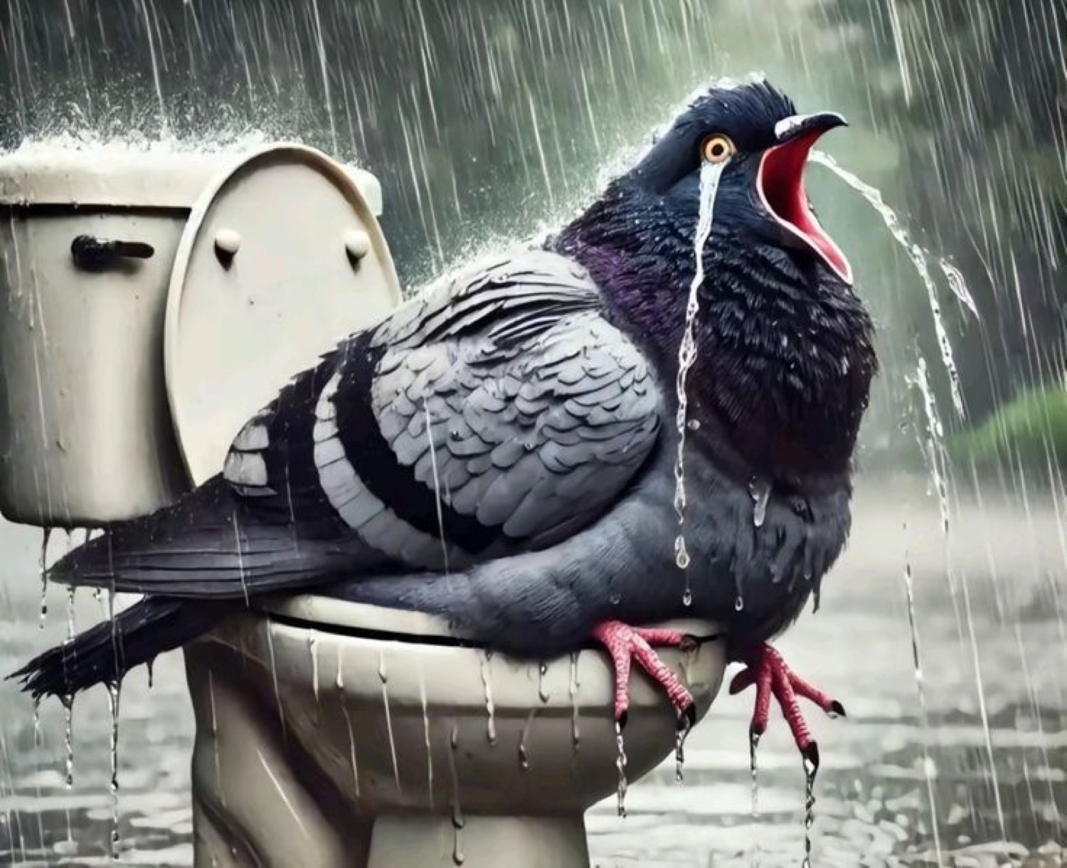 Pigeon crying on a toilet in the pouring rain